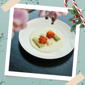 Kerstmenu voorgerecht: gekookte preistukjes in mosterdsaus