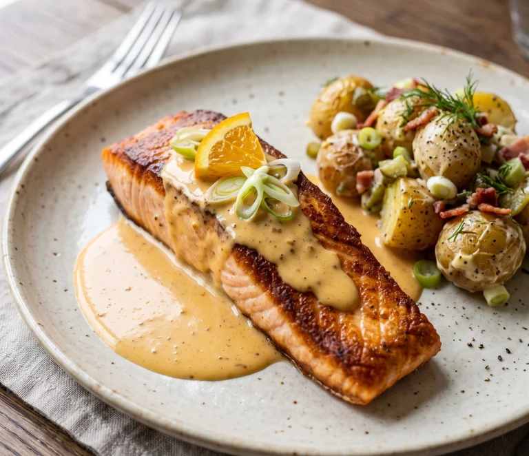 Gebakken zalmfilet met sinaasappel-mosterdsaus geserveerd met lauwwarme aardappelsalade